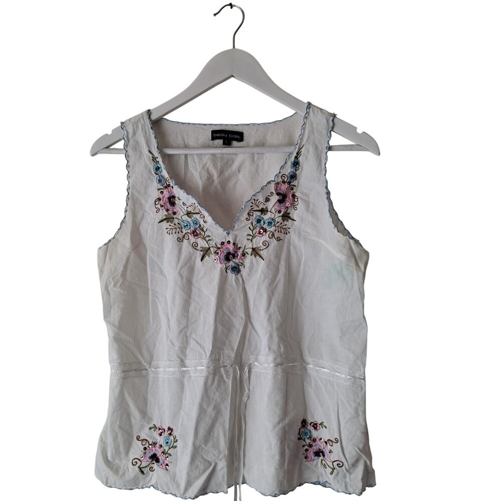 Beau Bois Peplum Tank Floral Embroidered Sleeveless Top White Womens Size L
